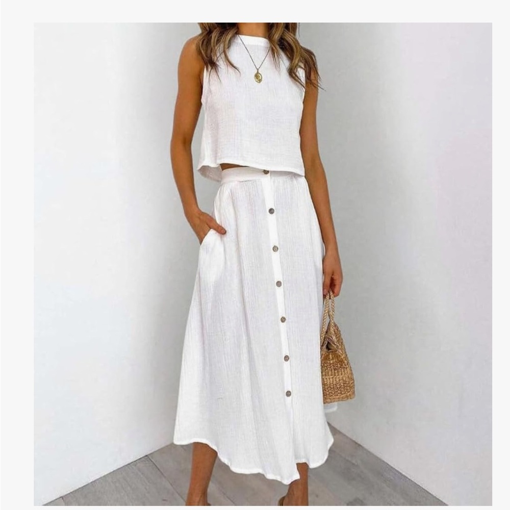 White Midi A-Line Skirt Set for Casual Resort Wear